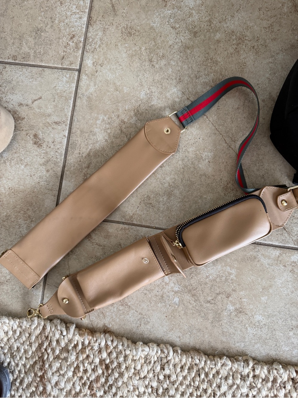 Bandolier Beige Leather Belt Bag with Red and Green Webbing Strap